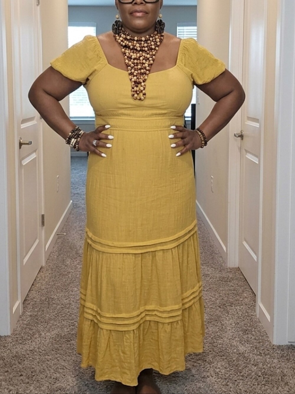 Yellow Puff-Sleeve Maxi Dress with Tiered Skirt - Women's Summer Dress